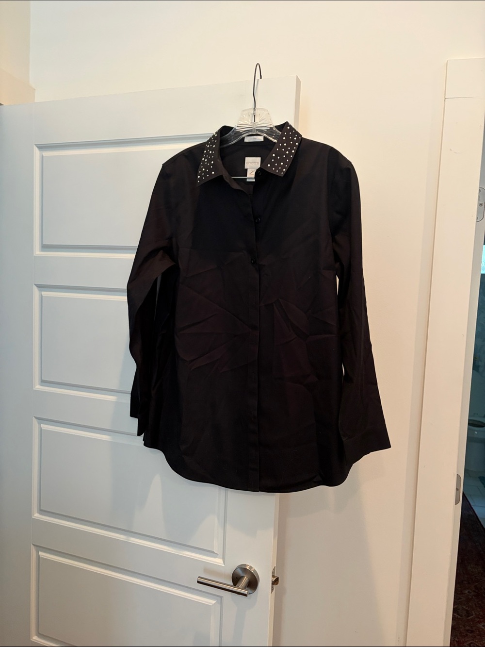Chico’s Womens Black Button-Up Shirt with Studded Collar
